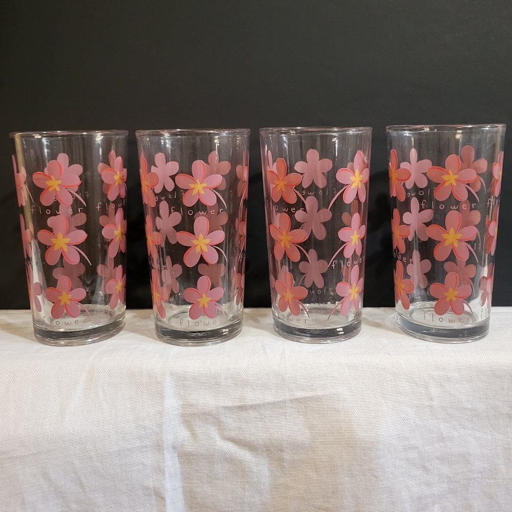 Rare Set of 4 Vintage MCM Flower Clear Heavy Glass Tumblers Drinkware